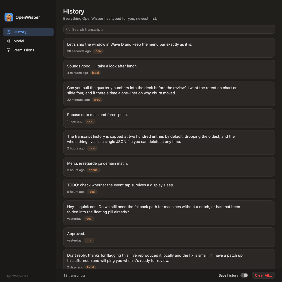 OpenWisper's History window showing a list of past transcripts with their source engine