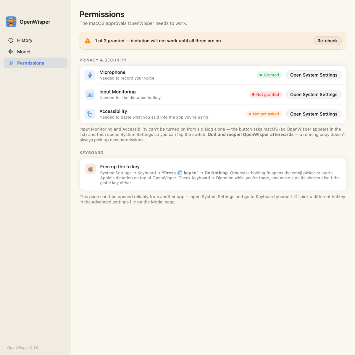 The Permissions window showing live status for Microphone, Input Monitoring, and Accessibility